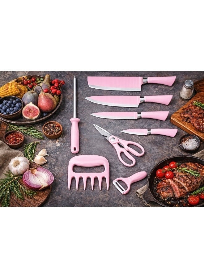 Kitchen Knife Set – Stainless Steel Blades with Pink Handles, Chef Knife, Scissor & Peeler, Multipurpose Cutlery - Image 3